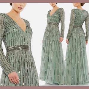 NEW $598 Mac Duggal [ 16 ] Sequined Illusion Long Sleeve A-line Gown‎ Sage Green